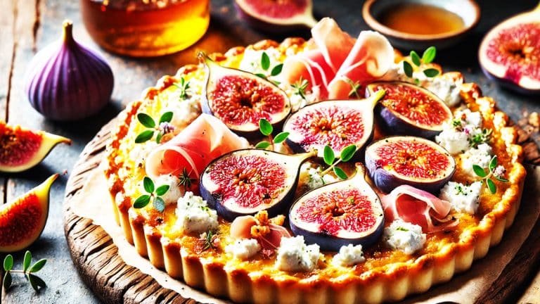 Découvrez comment réaliser une tarte aux figues et crème de feta, agrémentée de jambon cru, une recette simple et savoureuse qui séduira vos invités